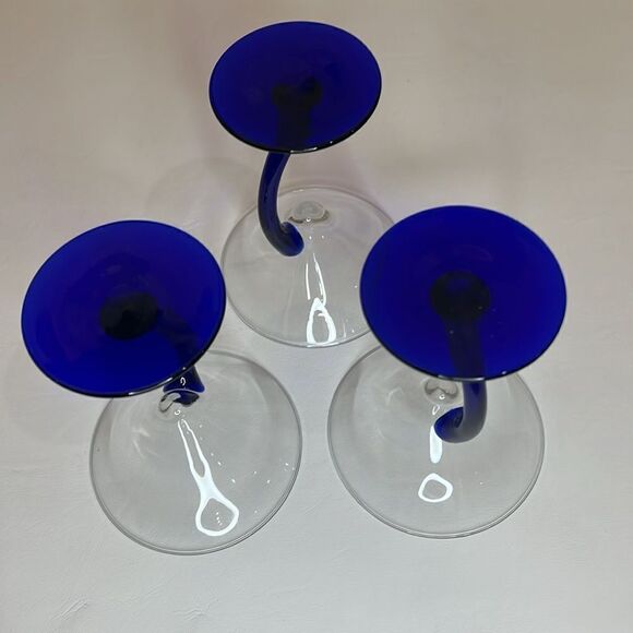 Libby Martini Glasses Cobalt Blue Curved Stem Art Glass Swerve Bravura Set 3 - Picture 6 of 8